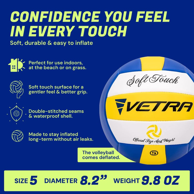 VETRA Soft Touch Volleyball Ball - Official Size 5, Yellow/Blue/White, 1-Pack - Indoor & Outdoor Play, Pool & Beach Fun - Volleyball Training Equipment, Perfect Sport Gift for Teens Boys and Girls - Image 3